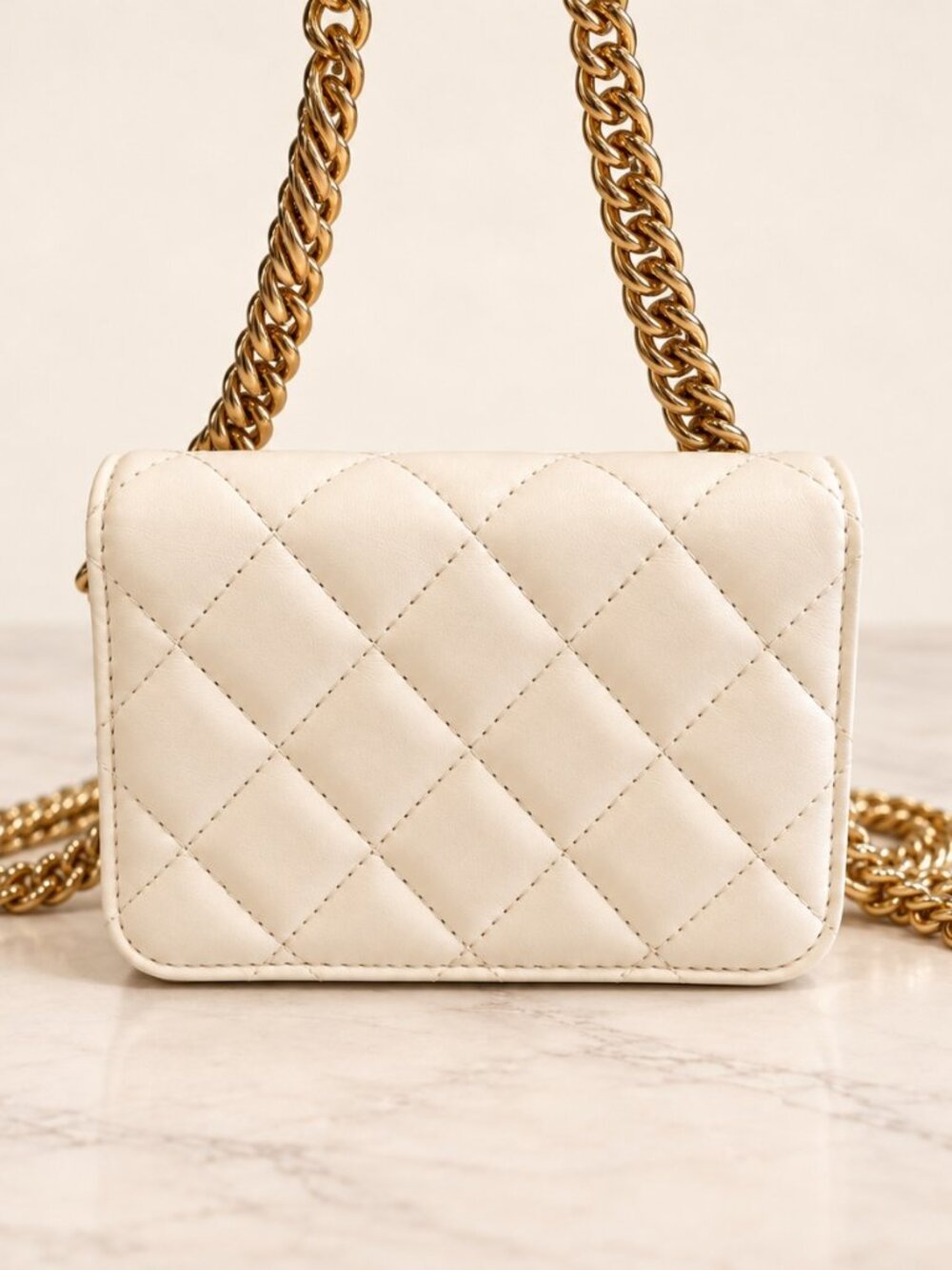 Chanel 22S White Quilted Lambskin Enamel Charm Clutch with Chain
